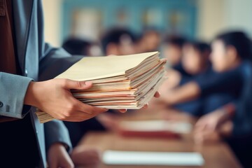 A hand presenting a stack of files, suggesting a busy academic or professional setting.