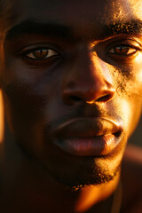 Close Up Portrait of black man, Sunshine, golden hour, beautiful
