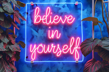 Believe in yourself neon sign quote on wall, glowing letter, inspirational motivational text