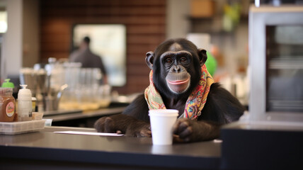 Chimpanzee monkey is a bartender or barista.