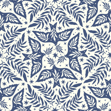 Hand drawn seamless pattern with birds Scandinavian folk decorative seamless bird and leaves texture