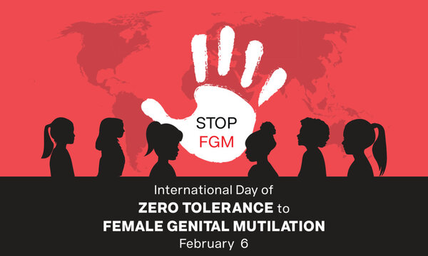 International Day of Zero Tolerance to Female Genital Mutilation design. It features silhouette of women with a stop hand sign. Vector illustration