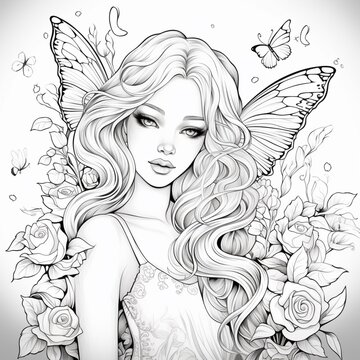Beautiful fairy line art coloring drawing illustration image Ai generated art