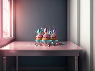 cupcakes with colorful shiny Easter eggs on the top on pastel table. Creative Easter composition