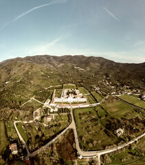 Panoramic view from drone of the Certosa of Calci, Tuscany, Italy - 707219857