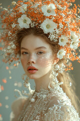 Beautiful girl with flower arrangement on her head, apricot colored flowers