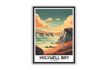 Holywell Bay, Cornwall. Vintage Travel Posters. Vector art. Famous Tourist Destinations Posters Art Prints Wall Art and Print Set Abstract Travel for Hikers Campers Living Room Decor
