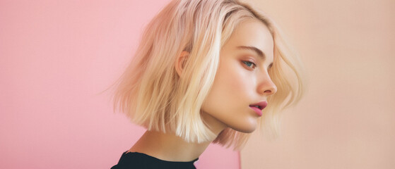 Portrait of a beautiful girl with blonde hair on a pink background .