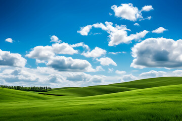 A green field with clouds and blue sky around it, spectacular backdrops.