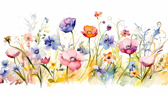 Spring flowers in the grass. Watercolor painting.