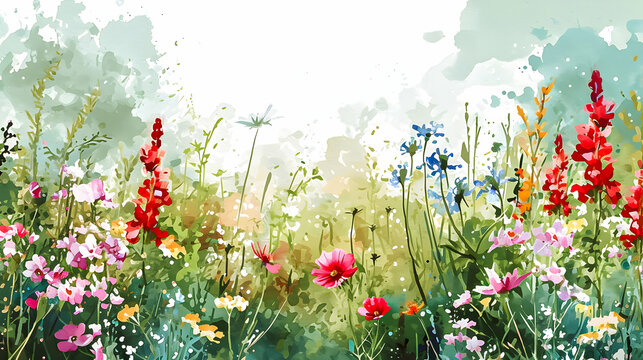 Illustration of a spring field of flowers.