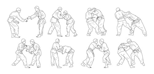 Fototapeta na wymiar Line sketch of sportive judoka fighter. Judoist, judoka, athlete, duel, fight, judo