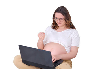 Angry pregnant woman while working, isolated on a white background. Woman showing fist into laptop camera while online remote work