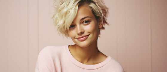 Portrait of a beautiful young woman in a pink sweater. Blurred background .