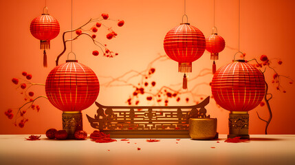 Fototapeta premium Chinese New Year room decor featuring red lanterns, gold accents, and traditional elements, creating a festive and vibrant atmosphere. Perfect for Lunar New Year and cultural celebrations