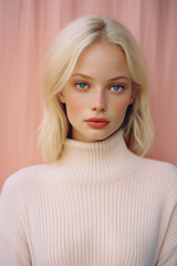 Fototapeta premium Portrait of a beautiful blonde girl in a white sweater on a pink background