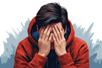 Depressed sad man covers his face with his hands thinking over problems. Bankruptcy, loss, crisis, burnout syndrome, relationship trouble concept. - obrazy, fototapety, plakaty