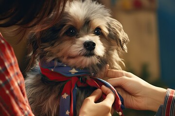 A small, fluffy dog with a bandana being adjusted by a woman's hands.