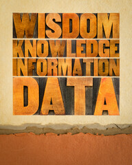 data, information, knowledge and wisdom - DIKW pyramid concept in vintage letterpress wood type on art paper
