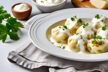 plate with delicious dumplings and sour cream with herbs. on light. background. photo Playground AI...