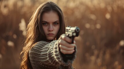 pretty young woman pointing a handgun at camera wearing a knit top. generative AI