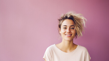 Portrait of a beautiful young woman with flying hair on a pink background