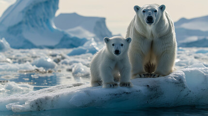 Polar bear mother and cub standing on melting ice floe, animals losing their habitat and global warming concept. - obrazy, fototapety, plakaty