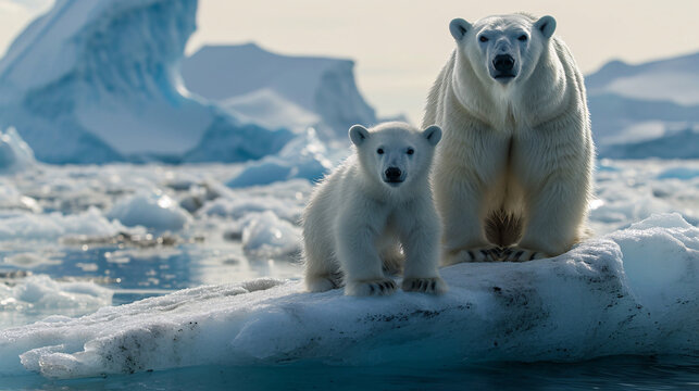 Polar bear mother and cub standing on melting ice floe, animals losing their habitat and global warming concept.