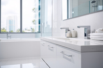 White bathroom interior design, his and hers bathroom sinks with cabinet and bathtub in modern luxury minimal style.