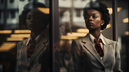 African-American Businesswoman glass reflection in office. Racial discrimination at work. Symbolizes both a literal and metaphorical barrier, highlighting the challenges she faces within the workplace - obrazy, fototapety, plakaty