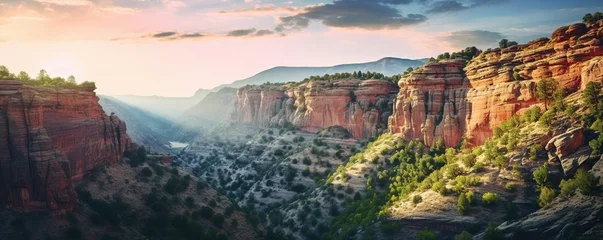 Fotobehang sunset in the valley with the river flowing below © nomesart