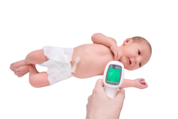Mom measures the body temperature of a newborn baby with a non-contact thermometer, isolated on a white background