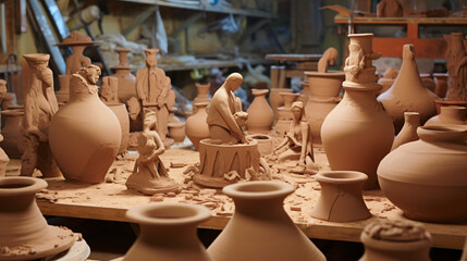 Fototapeta na wymiar Pottery workshop the process of modeling clay