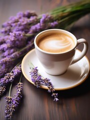 Cup of cappuccino and bouquet of lavender flowers on a wooden table.