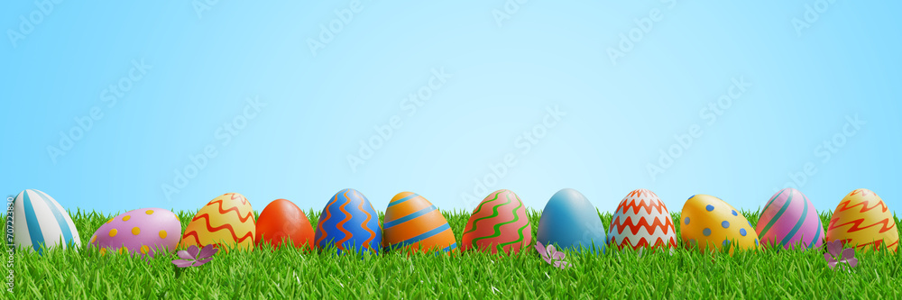 Poster easter eggs in a row on a meadow in the grass. banner border 3d rendering