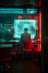 A man in a suit stands alone in a restaurant, illuminated by teal and red lights. Created with Generative AI.