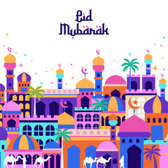 Fototapeta premium eid mubarak with arabian city background. vector illustration