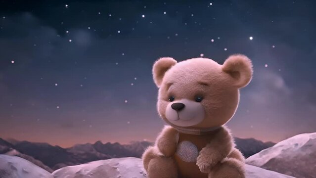 A charming teddy bear sits on a lunar surface with a dreamy cosmic backdrop and a celestial ring glowing behind