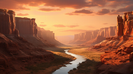 View from the bottom of a canyon with a river flowing through it at sunset with a beautiful orange sky - obrazy, fototapety, plakaty