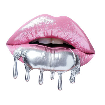 Graphic image of lips with silver and pink paint dripping