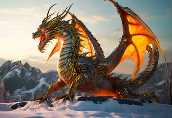 Silver gold dragon perched atop a snowy mountain with a breathtaking snow-covered mountain range in the background. Ideal for fantasy, mythology, and majestic landscape themes
