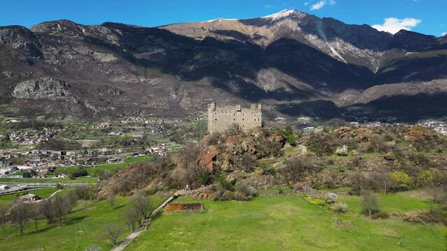 Aerial drone shot of Ussel castle Aosta Valley Italy