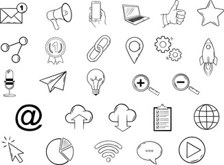 Marketing and business icons, hand drawn icons, internet, networks, technology icons, vector icons, doodle icons, vector graphics, computer, web, business symbols