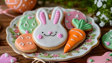 Handcrafted Bunny and Carrot Easter Cookies.
Artfully decorated Easter bunny and carrot cookies arranged on a porcelain plate.