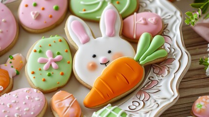 Whimsical Easter Cookies on Decorative Plate.
Colourful Easter-themed sugar cookies decorated as bunnies and carrots on a fancy plate.