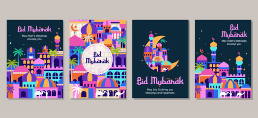 Set of eid mubarak al fitr islamic arabic mosque architecture illustration for a poster banner, cover template. vector illustration