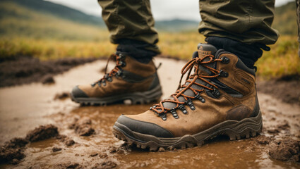 reliable hiking boots in the mountains standing in muddy water - obrazy, fototapety, plakaty