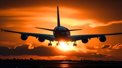 Airplane silhouette against dramatic sunset sky with vibrant orange hues and clouds, depicting travel and adventure.