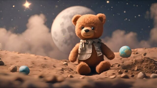 A teddy bear clad in a space vest stands on a lunar surface, gazing at a distant Earth, surrounded by stars and planets