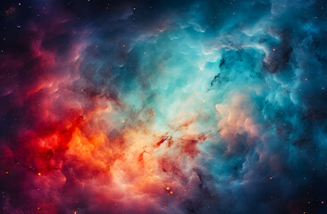 Fototapeta premium Outer space background featuring red and green-turquoise galaxy dust, creating a vibrant cosmic scene. Ideal for sci-fi, astronomy, and abstract design themes